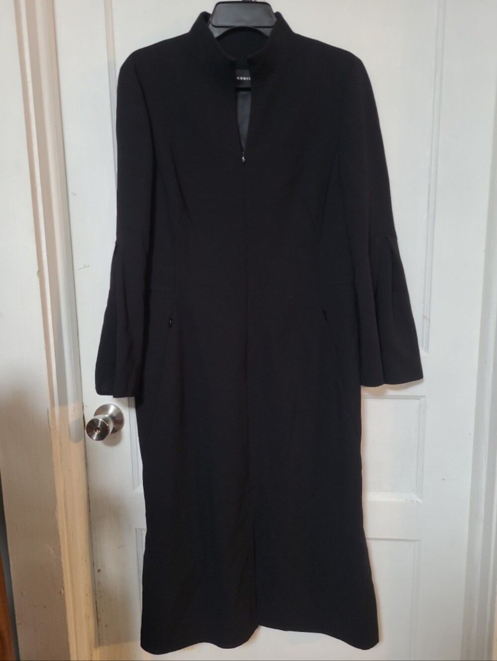 Akris Black Zipper Wool Long Sleeve Midi Dress with Fluted Sleeves 10